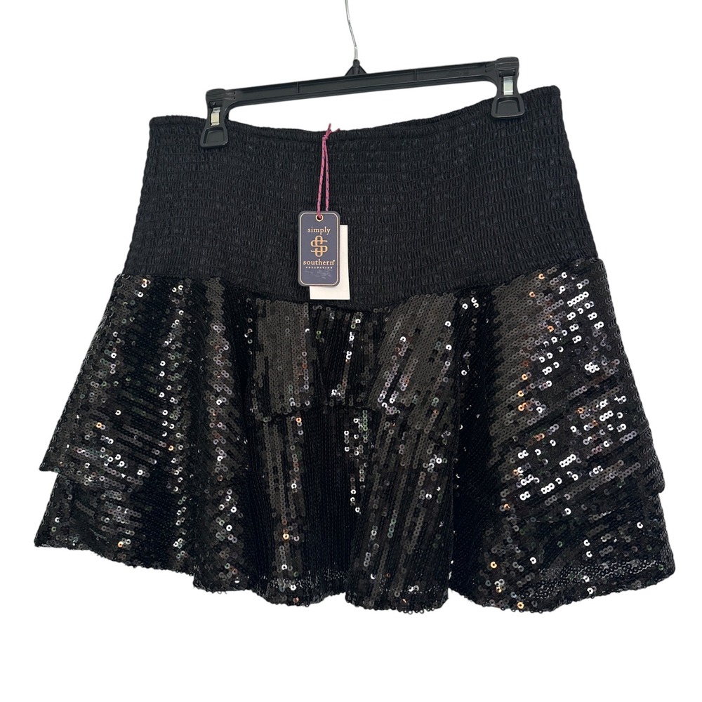 Simply Southern Skirt Sparkle Sequin L/XL Smocked Tiered Ruffle‎ Mini Black NWT